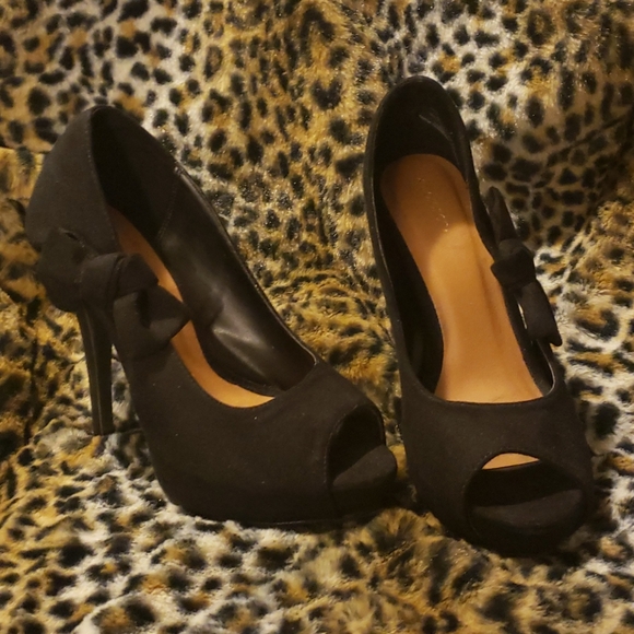 Peep toe black bow high heels pinup style peeptoe - Picture 1 of 8